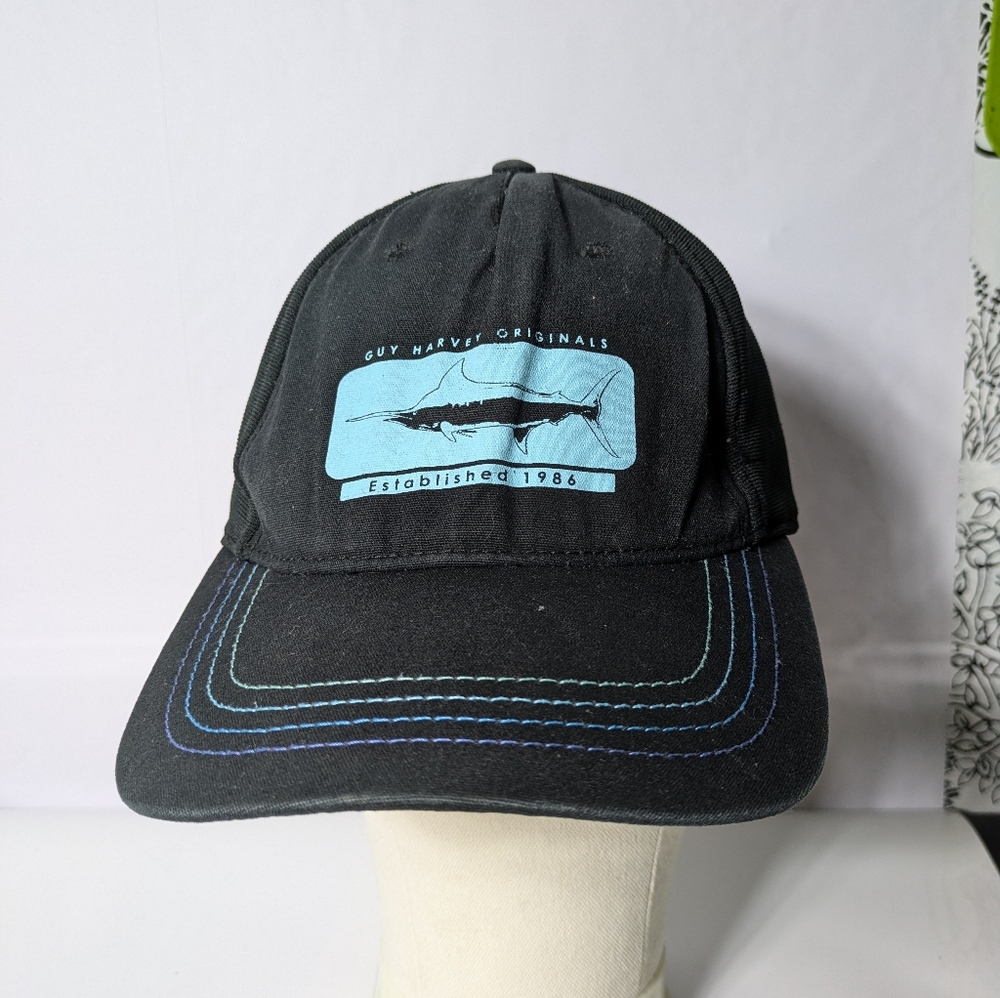 Guy Harvey Performance Fishing Hat Black Baseball Cap Stretch One Size Fits All